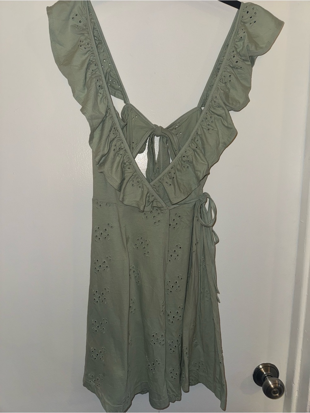ASOS Sage Green Eyelet Ruffle Wrap Dress Size 4 Boho Cottagecore
